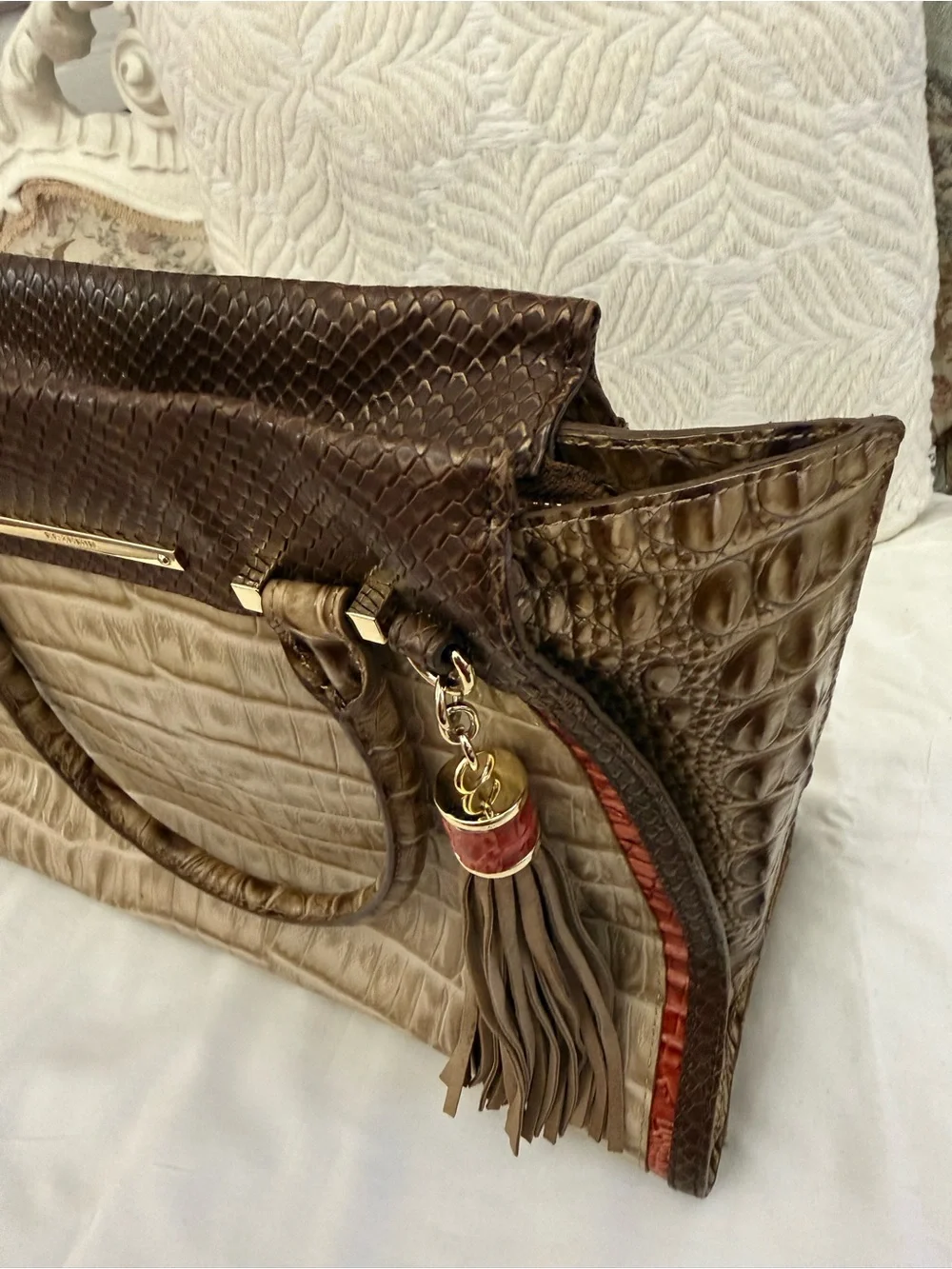 Croc-Embossed Tote in Beige and Brown with Red Trim